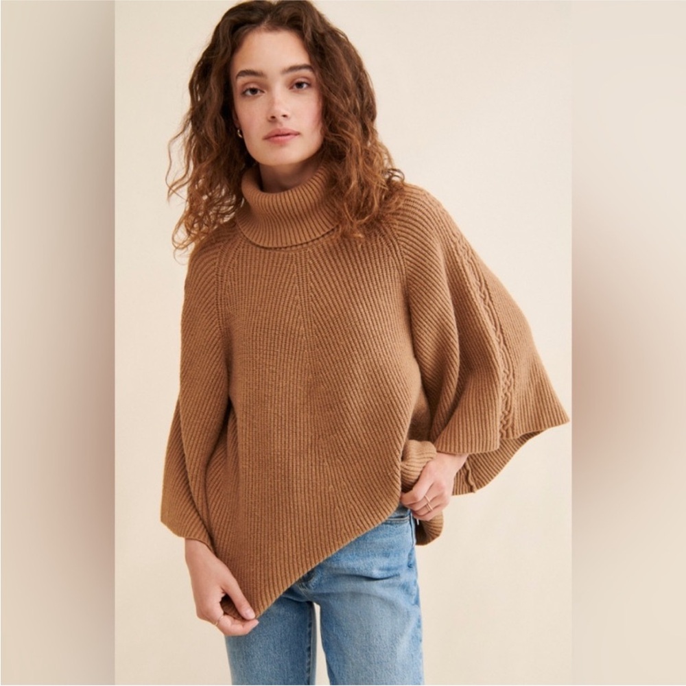 Anthropologie‎ Camel Ribbed Turtleneck Poncho Sweater